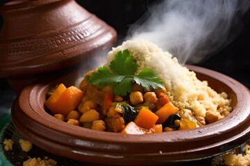 close-up of moroccan tagine, with steam rising from the richly spiced stew, created with generative ai