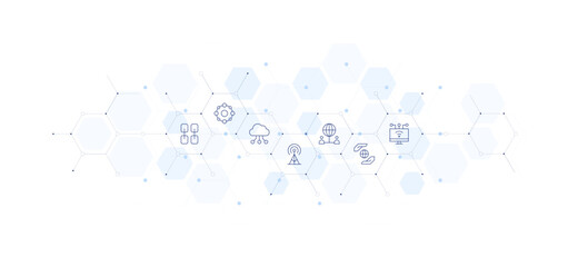 Connect banner vector illustration. Style of icon between. Containing chain, circles, cloud connection, communication tower, communication, communications, connection.