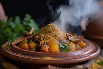 close-up of moroccan tagine, with steam rising from the richly spiced stew, created with generative ai