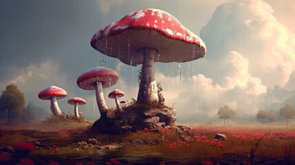 An drawing inspired by Alice in Wonderland with a tree and fictitious mushrooms on a rural meadow