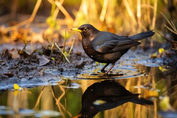 A male blackbird (Turdus merula) with an earthworm in its jaws stands in the water of a bird drinking hole. Czechia. Europe