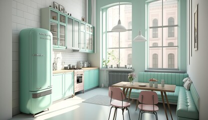 beautiful elegant kitchen in a loft apartment in mint color