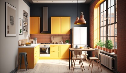 beautiful elegant kitchen in a loft apartment in ocher yellow