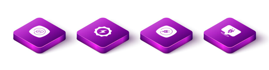 Set Isometric Location with leaf, Lightning bolt, Electric plug and icon. Vector