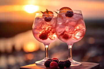 two cocktail glasses with pink berry gin tonic and ice cubes on an outdoor table setting during sunset