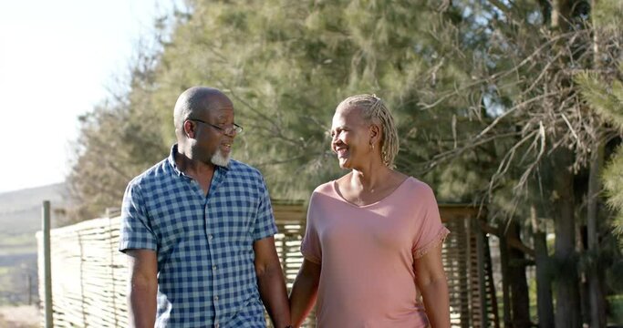 Happy Senior African American Couple Holding Hands And Walking In Sunny Nature, Slow Motion