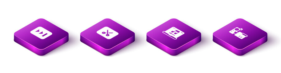 Set Isometric Fast forward, Music video editing, Laptop with music and Cinema camera icon. Vector