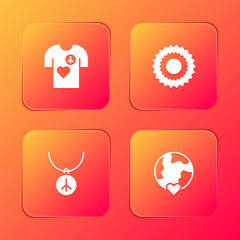 Set Peace t-shirt print stamp, Sun, Necklace with peace symbol and The heart world love icon. Vector