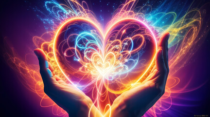 power emanating from a person's hands, forming a heart, radiating vibrant colors symbolizing love and compassion, generated by ai
