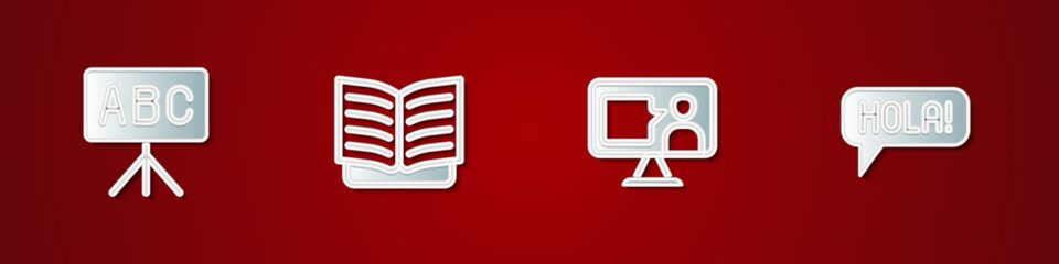 Set Chalkboard, Open book, Foreign language online study and Hola different languages icon. Vector © vector_v