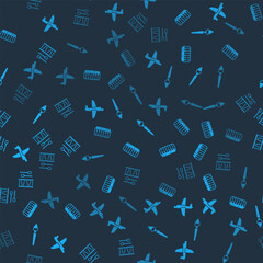 Set Toy plane, Music synthesizer, Paint brush and Drum with drum sticks on seamless pattern. Vector
