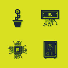Set Bitcoin plant in the pot, Proof of stake, CPU mining farm and Cryptocurrency bitcoin with circuit icon. Vector