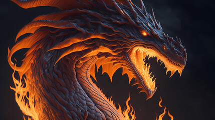 a majestic fire dragon, with its body lit up with flames, generated by ai