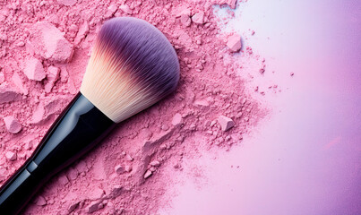 Obraz na płótnie Canvas Makeup brush with powder mockup banner with copy space.