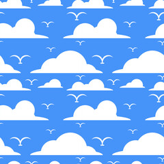 clouds and flock of flying birds seamless pattern on blue sky background. vector abstract illustration.