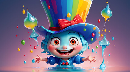 A playful water drop personified as a cheerful character, wearing a playful smile, bright colors and whimsical elements, generated by ai