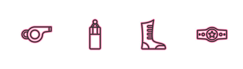 Set line Whistle, Sport boxing shoes, Punching bag and Boxing belt icon. Vector
