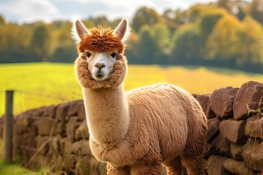 A cute alpaca on a farm. South American camelids (Vicugna pacos) are lovely and amusing creatures.