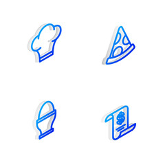Set Isometric line Slice of pizza, Chef hat, Chicken egg on stand and Paper or financial check icon. Vector