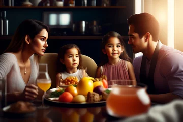 Foto op Plexiglas 4 four person- mother, father and two daughters. Happy latino hispanic family eating lunch together at cafe or restaurant and having fun. Generative ai. © Maxim Chuev