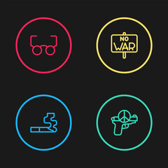 Set line Cigarette, No war, and Glasses icon. Vector