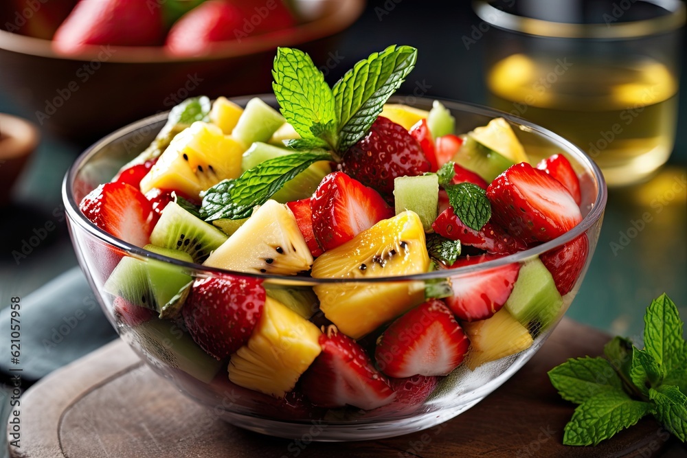 Poster A dish of fresh fruit contains strawberries, pineapples, kiwis, ananas, and mint, among other fruits. A delicious fruit salad