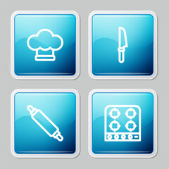 Set line Chef hat, Knife, Rolling pin and Gas stove icon. Vector