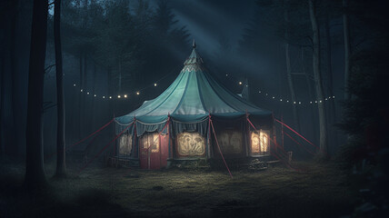 Eerie haunted circus tent at night time. Marquee in the woods. Created with Generative AI.