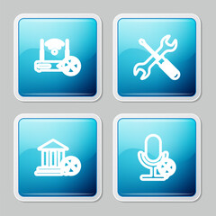 Set line Router wi-fi with service, Crossed screwdriver and wrench, Bank building and Microphone icon. Vector