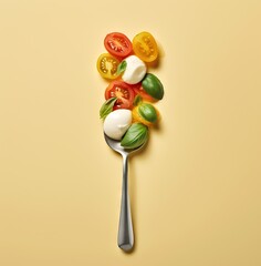 spoon with tomato, mozzarella and basil on it