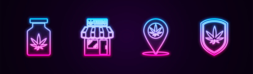 Set line Medical bottle with marijuana, Marijuana and cannabis store, Location and Shield. Glowing neon icon. Vector