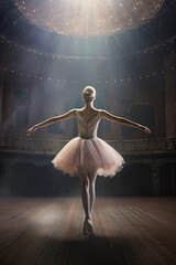 Back view of a prima ballerina in a soft pink tutu dancing on a vintage stage