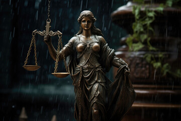 Lady Justice statue close up. Concept of compliance with law and fair trial. Created with Generative AI