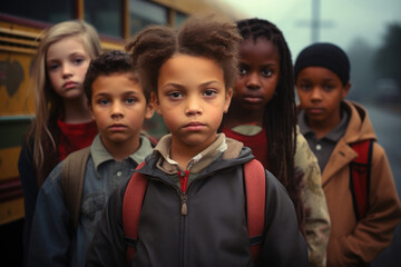 Obraz premium Multiracial friends standing near yellow school bus. Classmates ready to study. Back to school. Created with Generative AI