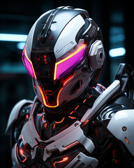 Fototapeta premium Portrait of futuristic humanoid wearing bionic armor with neon glowing and modern helmet plus tech visor. Cyberspace Augmented Reality, futuristic vision. Generative AI. 