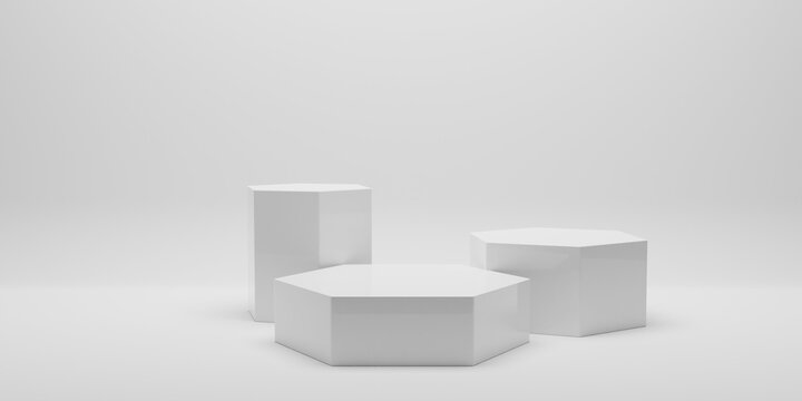 White studio template and hexagon pedestal on simple background with product shelf. Blank studio podium for advertising. 3D rendering.