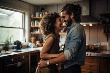 Happy couple smiling and dancing in kitchen while prepare dinner. Loving man and woman have fun at home. Positive emotions and happiness in family life. Created with Generative AI