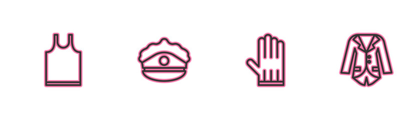 Set line Sleeveless T-shirt, Leather glove, Police cap with cockade and Blazer or jacket icon. Vector