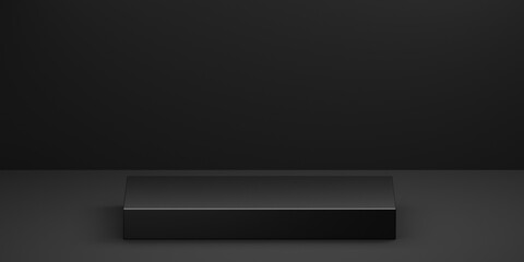 Black podium or pedestal display on dark background with long platform. Blank product shelf standing backdrop. 3D rendering.