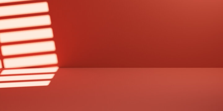 Minimalistic summer backdrop with a pastal red screen light coming from window, ideal for showcasing products. Created using 3D rendering techniques