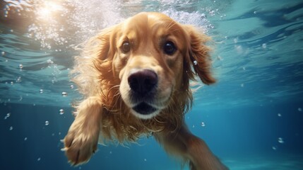 Funny golden retriever dog swimming under water in a summer pool, macro shot