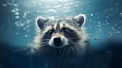 Funny racoon swimming under water in a summer pool, macro shot - obrazy, fototapety, plakaty