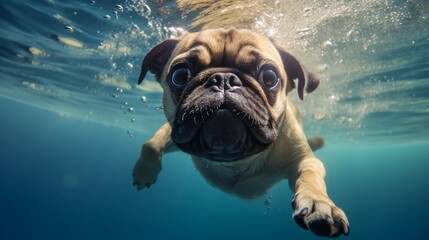Funny pug dog swimming under water in a summer pool, macro shot