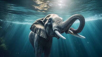 Funny elephant swimming under water in a summer pool, macro shot