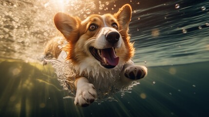 Funny Welsh corgi puppy swimming under water in a summer pool, macro shot