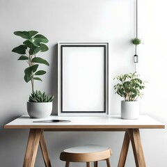 room with a table and interior of a room with a window and frame box mockup,blank,hanged on white wall,table 