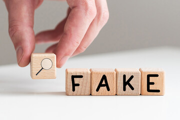 The word FAKE, spelt with wooden letter tiles, over a white background.