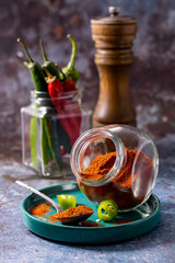 Dry and ground red chili in a glass jar