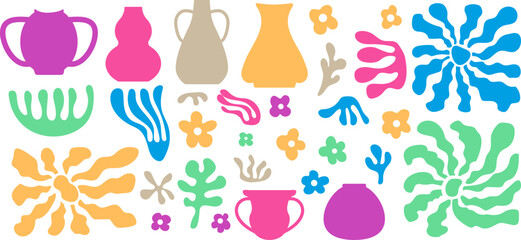 Inspired Matisse abstract figures vector. Plant branch. Floral Matisse elements set in contemporary, minimalist style. Native silhouette, color shapes.