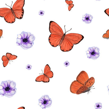 Fluttering orange butterflies among lilac anemone flowers. Watercolor seamless pattern isolated on white. Scarce copper butterflies. Illustration for prints, fabric, textile, scrapbooking, wrapping.